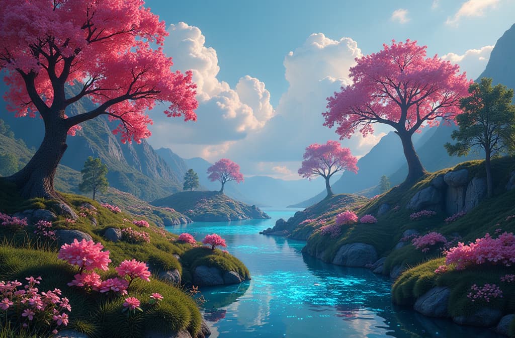  "create a surreal landscape that embodies the fusion of technology and nature. visualize a vibrant, digital garden where flowers bloom into glowing code, and trees have branches made of circuit patterns. in the sky, soft clouds transform into pixelated shapes, while a river flows with shimmering binary code instead of water. the atmosphere should feel both organic and futuristic, showcasing the harmony between artificial intelligence and the natural world." hyperrealistic, full body, detailed clothing, highly detailed, cinematic lighting, stunningly beautiful, intricate, sharp focus, f/1. 8, 85mm, (centered image composition), (professionally color graded), ((bright soft diffused light)), volumetric fog, trending on instagram, trending on tumblr, HDR 4K, 8K