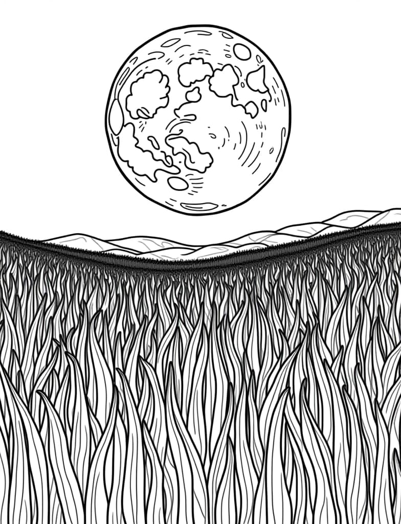  a harvest moon rising over a field of corn, black and white line art on a white background, for an adult coloring page.