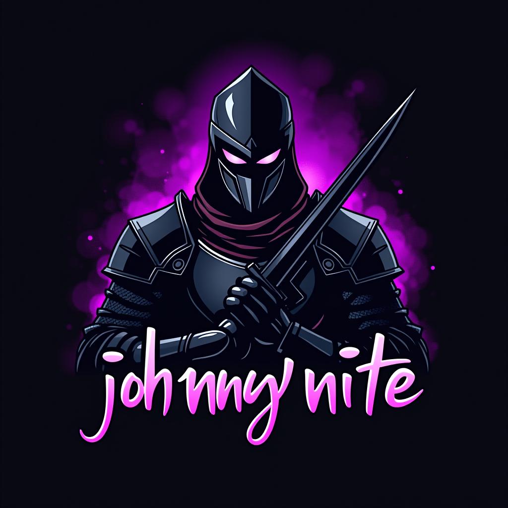  design a logo, in a realism style. knight black and purple graffiti, with the text 'johnny nite '.