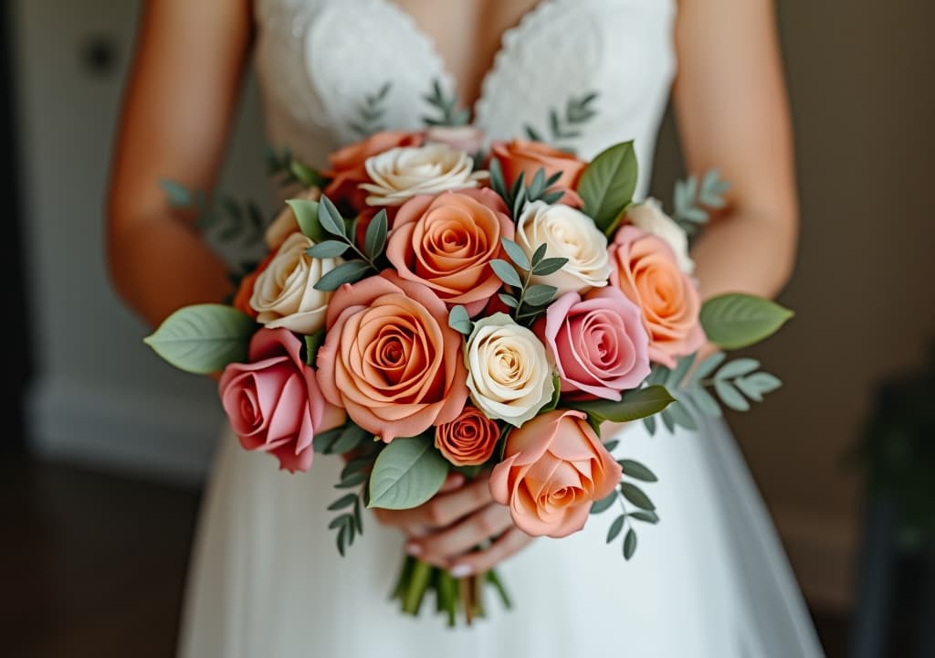  elegant wedding flower bouquet in past colors held by bride