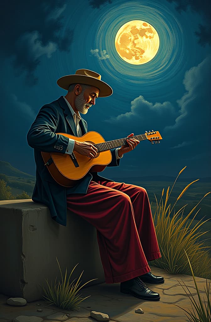  la muestre con ropa de rapero de los años ochentas tocando requinto bajo la luna encima de una casa mexicana humilde , scenary, landscapes, high quality high detail painting by lucian freud, hd, photorealistic lighting, style of van gogh hyperrealistic, full body, detailed clothing, highly detailed, cinematic lighting, stunningly beautiful, intricate, sharp focus, f/1. 8, 85mm, (centered image composition), (professionally color graded), ((bright soft diffused light)), volumetric fog, trending on instagram, trending on tumblr, HDR 4K, 8K