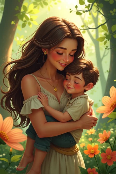  a giantess with flowing hair and a warm smile, gently enveloping a tiny man in her embrace. the scene is set in a lush, vibrant forest, with sunlight filtering through the leaves. the giantess appears caring and protective, her eyes sparkling with affection. the tiny man looks content and safe in her arms, surrounded by oversized flowers and greenery that emphasize the scale difference. the atmosphere is peaceful and heartwarming, capturing a moment of tenderness between the two characters. the colors are bright and cheerful, with a focus on the emotion of their connection.