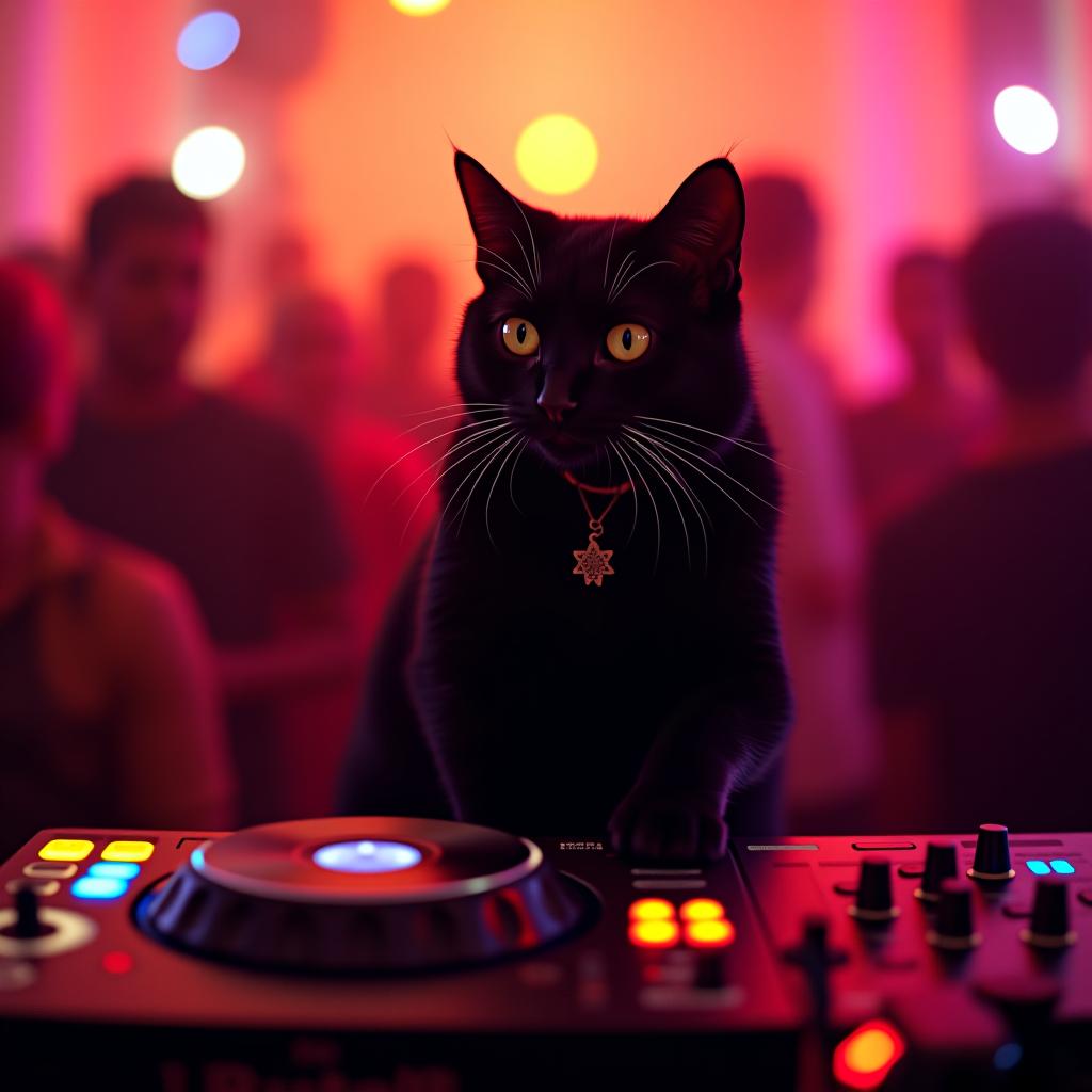  a black cat djying on a gay party