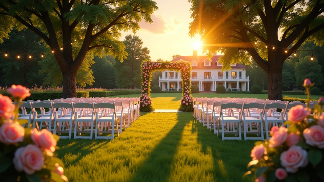  a hyper realistic, outdoor garden setting during sunset, prepared for an elegant wedding ceremony. the garden is adorned with blooming roses, soft fairy lights strung between trees, and white chairs arranged neatly in rows facing a wooden altar. the atmosphere is warm, with a golden hue from the setting sun casting long shadows across the lush green grass. in the distance, you can see a softly blurred mansion, adding a sense of sophistication and grandeur to the scene., high quality, high details, hd, perfect composition, 4k epic detailed, highly detailed, sharp focus, high resolution