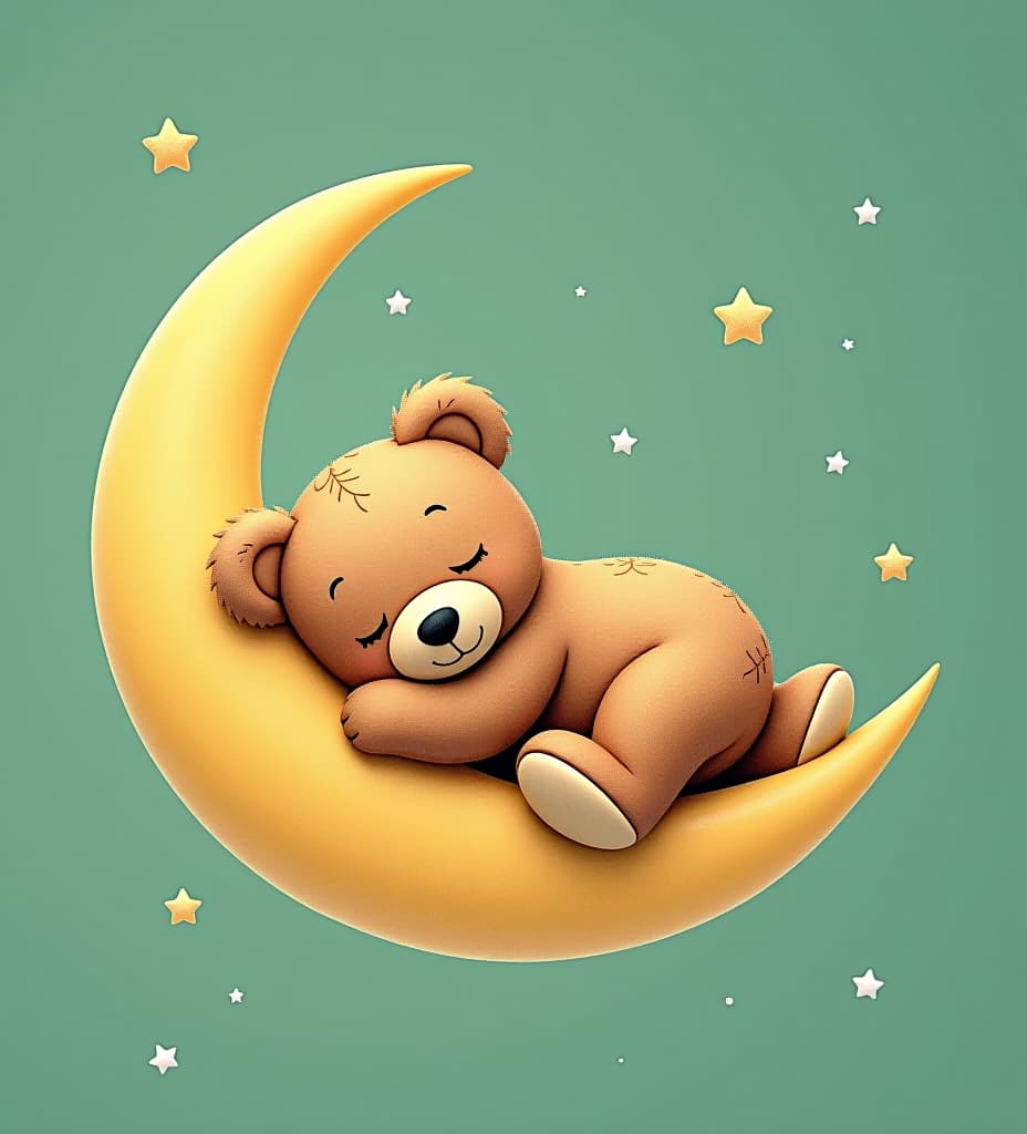  cute teddy bear sleeping on moon which is sage green