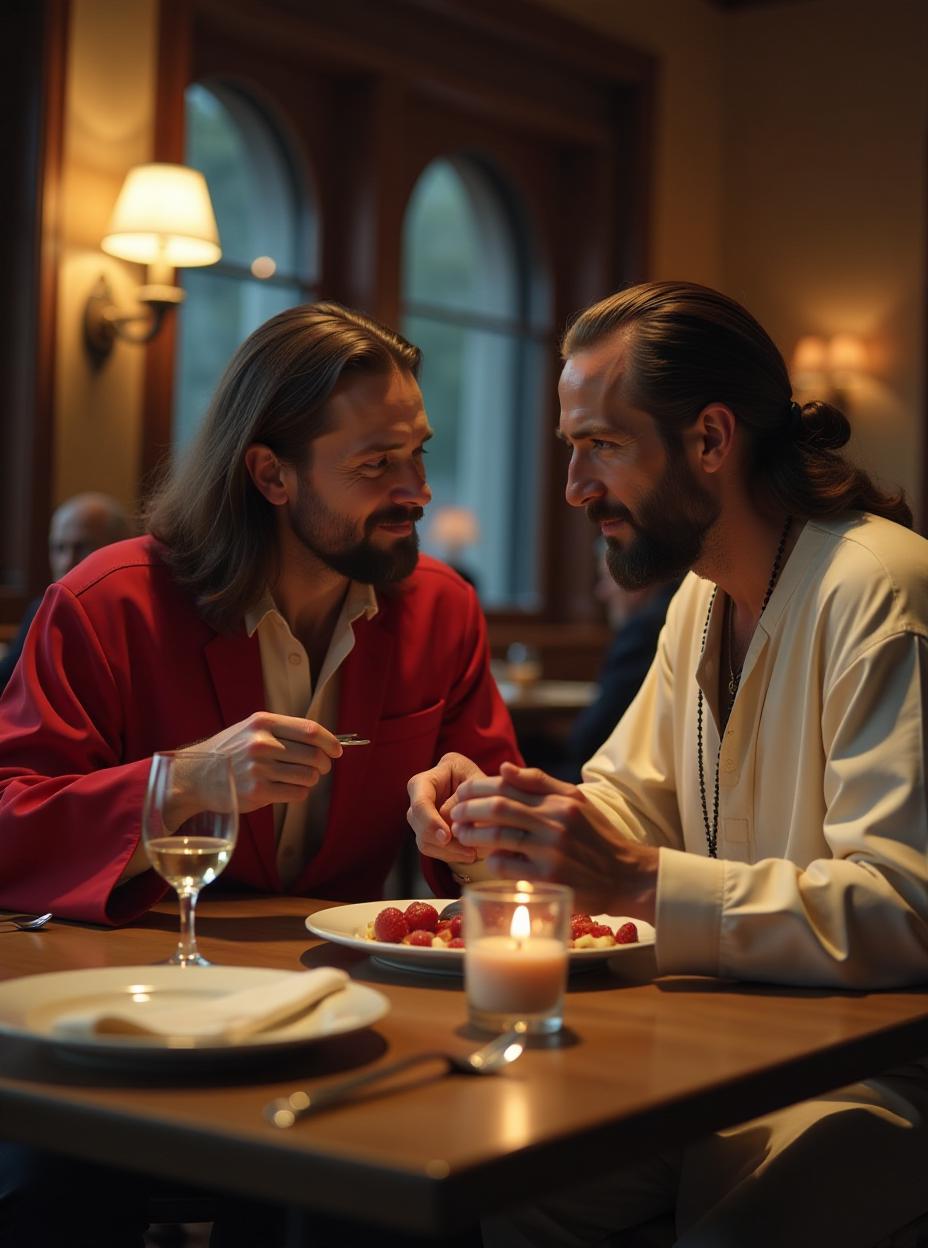  hitler and jesus having dinner at a restaurant, high quality, high details, hd, perfect composition, 4k epic detailed, highly detailed, sharp focus, high resolution