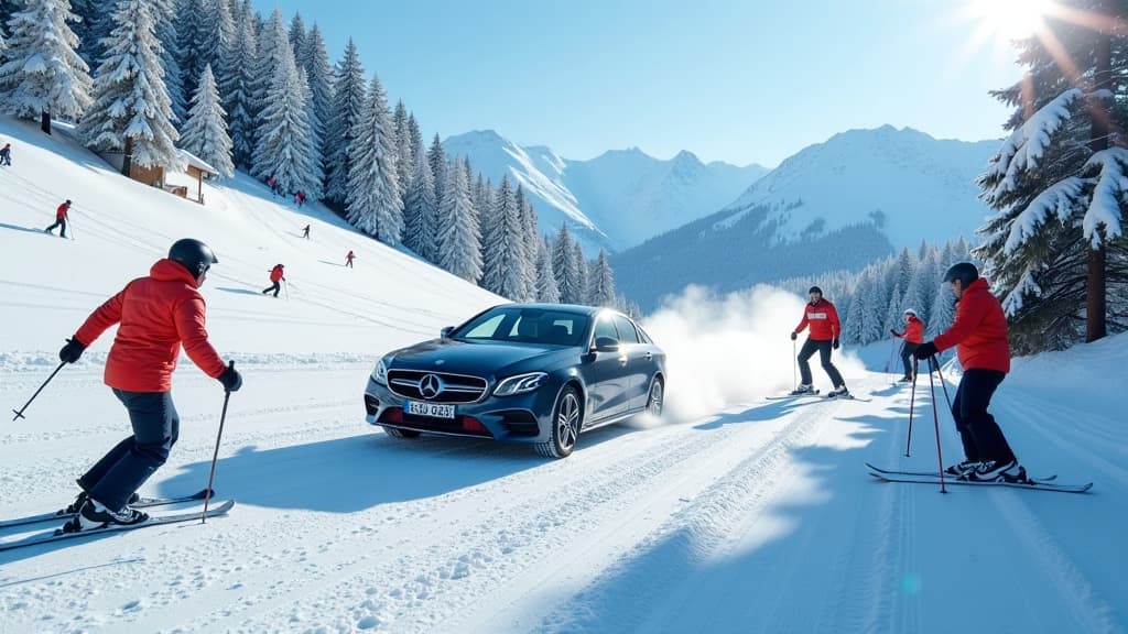  create an ultra realistic image capturing the chaos and surprise of a car driving onto an italian ski slope during skiing operations. the scene should show a colorful ski resort with skiers scattered around, looking shocked and concerned as they notice the unexpected vehicle on the slope. security forces should be depicted swiftly evacuating the area, ensuring the safety of the skiers. include prominent logos of the ski resort and security teams to add authenticity. in the background, showcase