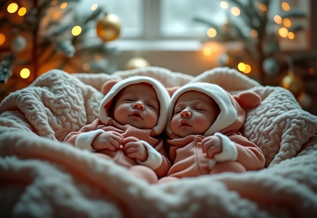  hyperrealistic art two newborn babies in a new year's refugee suit sleep in a bed under a snowy new tree. light photos in the afternoon. the kids can see full growth. . extremely high resolution details, photographic, realism pushed to extreme, fine texture, incredibly lifelike hyperrealistic, full body, detailed clothing, highly detailed, cinematic lighting, stunningly beautiful, intricate, sharp focus, f/1. 8, 85mm, (centered image composition), (professionally color graded), ((bright soft diffused light)), volumetric fog, trending on instagram, trending on tumblr, HDR 4K, 8K