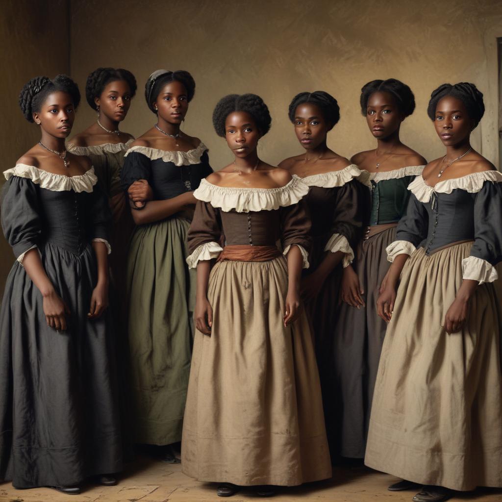 6 black slave women of various young ages in the old south in revealing clothing