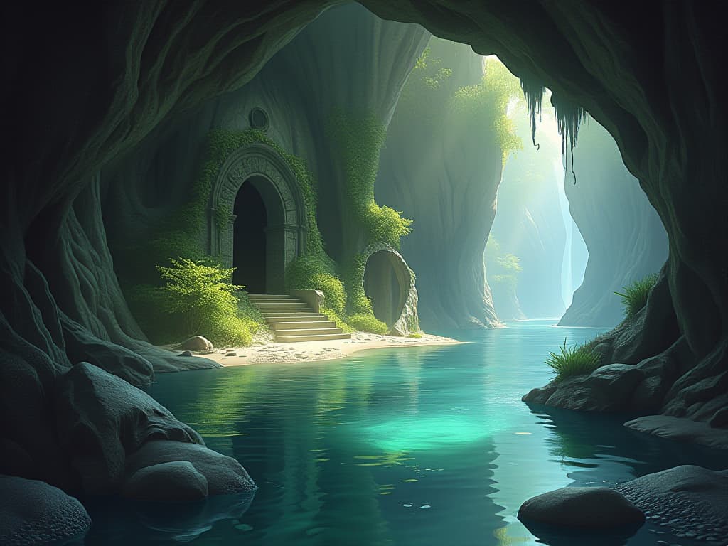  ethereal fantasy concept art of ethereal fantasy concept art of {a secret grotto with an underground narrow river with stony banks. the water is transparent, crystal clear. there are several boulders and small pebbles on the bank. on one side of the river there is a mysterious temple, the entrance to which is covered with moss and ivy. } . magnificent, celestial, ethereal, painterly, epic, majestic, magical, fantasy art, cover art, dreamy . magnificent, celestial, ethereal, painterly, epic, majestic, magical, fantasy art, cover art, dreamy