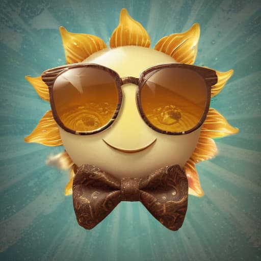 A happy sun with stylized sunglasses and a bowtie against a backdrop of abstract patterns. in Steampunk style with Oceans background