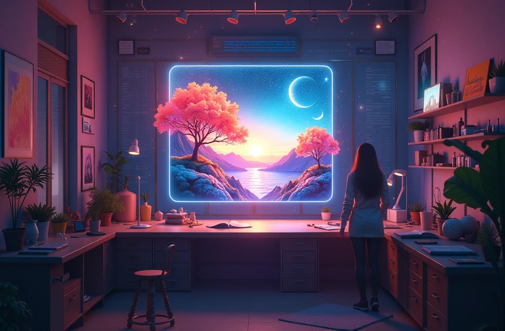  "an imaginative scene depicting a futuristic digital artist's studio, where vibrant colors and abstract shapes come to life. in the center, a glowing holographic canvas displays an enchanting landscape, while ai algorithms represented as swirling binary code intertwine with brushes and palettes. the atmosphere is filled with floating ideas and inspiration, blending the natural and the digital, showcasing the magic of transforming words into stunning visual art." hyperrealistic, full body, detailed clothing, highly detailed, cinematic lighting, stunningly beautiful, intricate, sharp focus, f/1. 8, 85mm, (centered image composition), (professionally color graded), ((bright soft diffused light)), volumetric fog, trending on instagram, trending on tumblr, HDR 4K, 8K