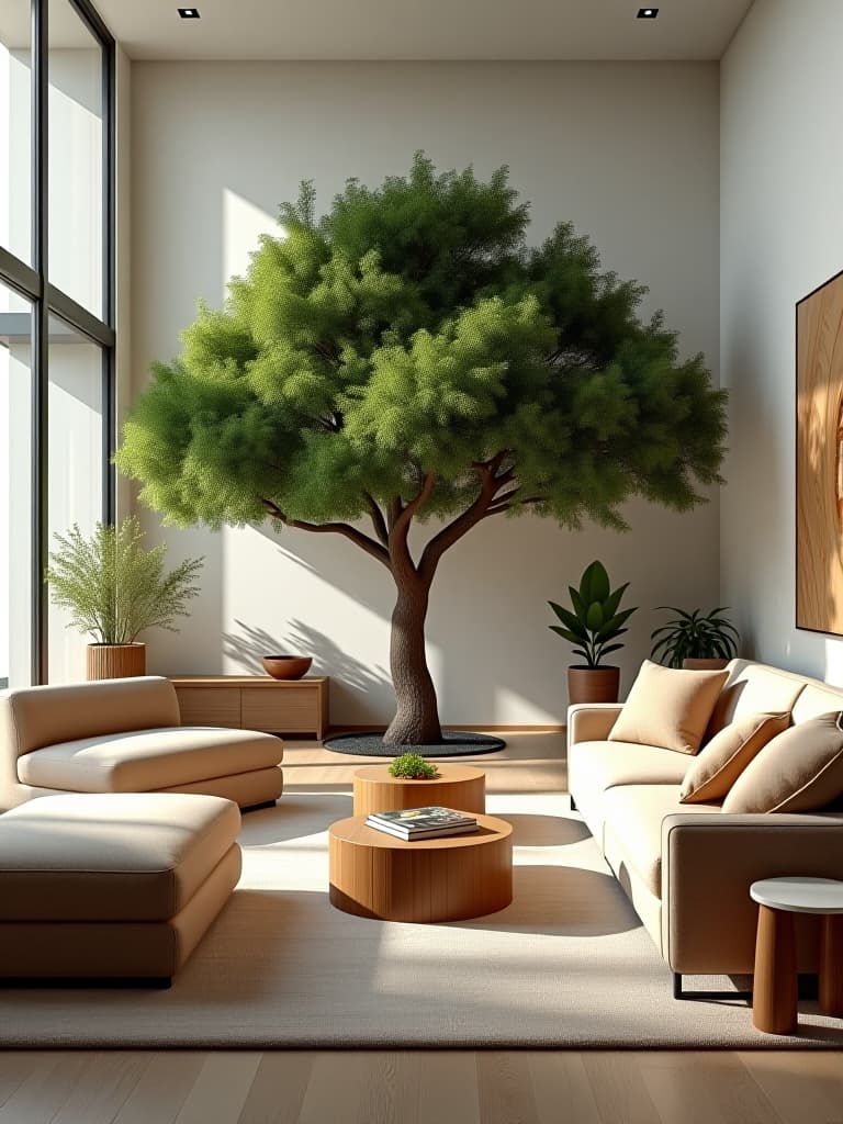  high quality portrait photo of a minimalist living room with a large indoor tree as the centerpiece, surrounded by sleek furniture, earth toned textiles, and subtle nature inspired art pieces hyperrealistic, full body, detailed clothing, highly detailed, cinematic lighting, stunningly beautiful, intricate, sharp focus, f/1. 8, 85mm, (centered image composition), (professionally color graded), ((bright soft diffused light)), volumetric fog, trending on instagram, trending on tumblr, HDR 4K, 8K