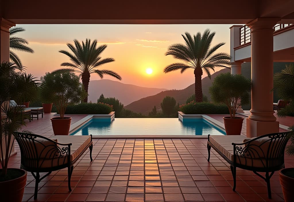  a landscape photo of a luxurious mediterranean style patio with terracotta tiles, wrought iron furniture, and lush potted plants, overlooking a tranquil blue pool at sunset hyperrealistic, full body, detailed clothing, highly detailed, cinematic lighting, stunningly beautiful, intricate, sharp focus, f/1. 8, 85mm, (centered image composition), (professionally color graded), ((bright soft diffused light)), volumetric fog, trending on instagram, trending on tumblr, HDR 4K, 8K