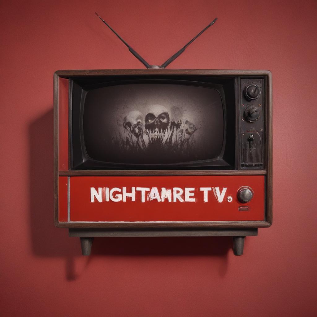 Profile photo of a horror channel with the name “ Nightmare TV “ Red background No character Retro style