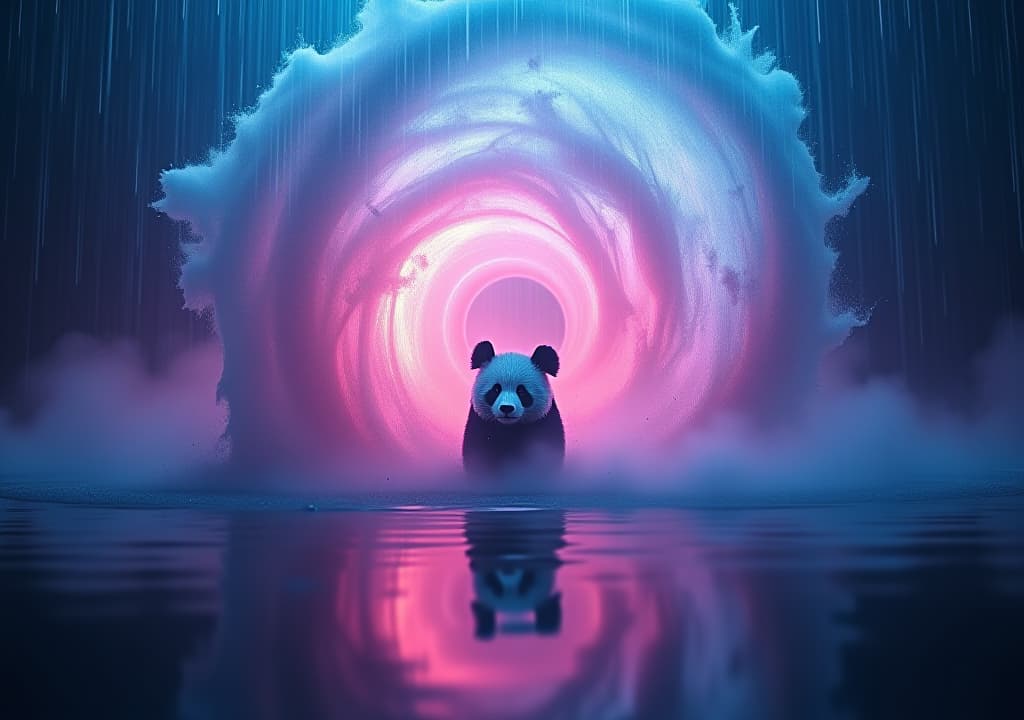  good quality, high quality, a captivating scene featuring a rain of electric blue fire and a vortex of soft pink water, with the silhouette of a panda in the middle, shot on olympus om d e m1x, displaying a photorealistic, volumetric, and dynamic appearance