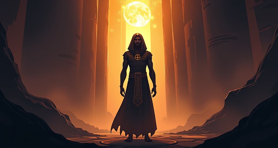  a figure standing confidently amidst shadowy forms, aura of otherworldly power and spiritual communication. the style is digital art illustration / modern comic book / mysterious occult, symbolic, esoteric vibe,high detail on character design, incorporating ancient egyptian symbology and attire.