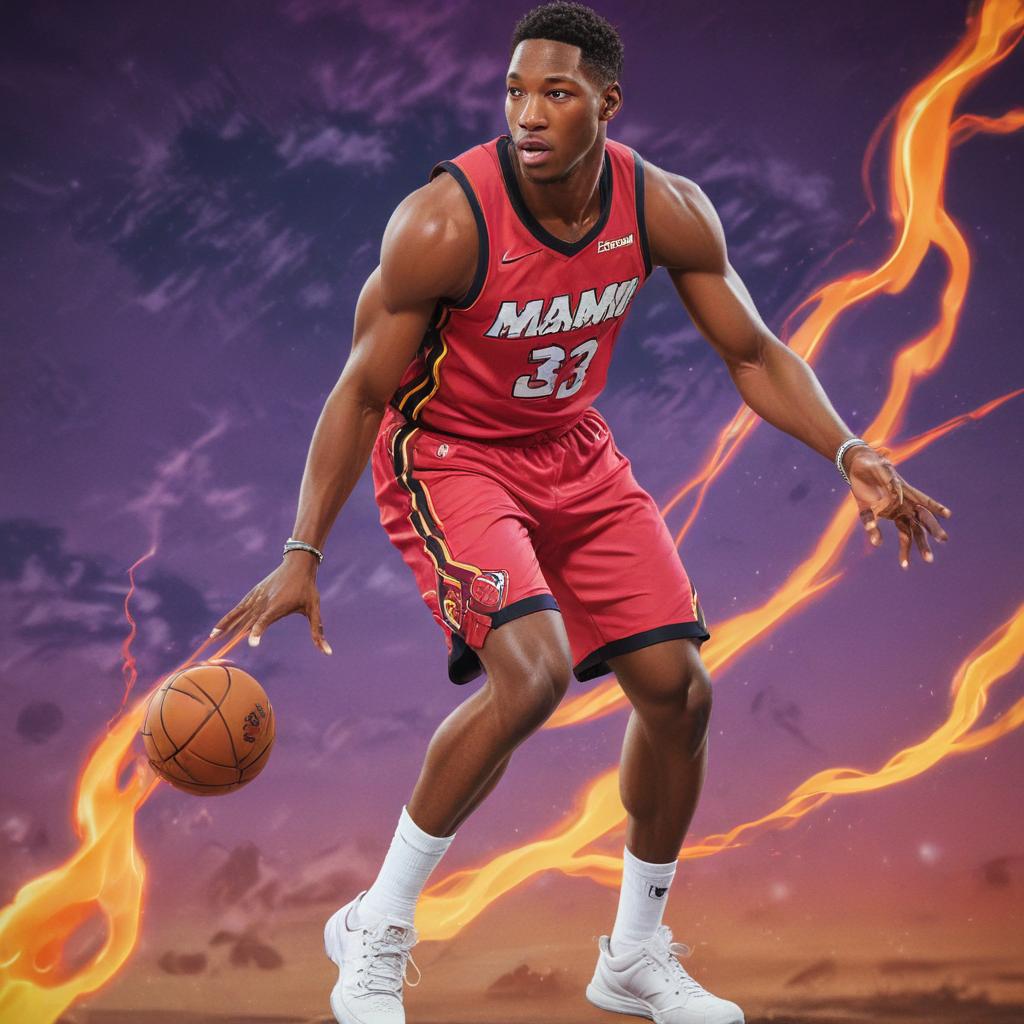 distance-shot, flashy, full-body, dynamic, holographic, animated cartoon poster of miami heat player bam adebayo in the style of dragon ball super