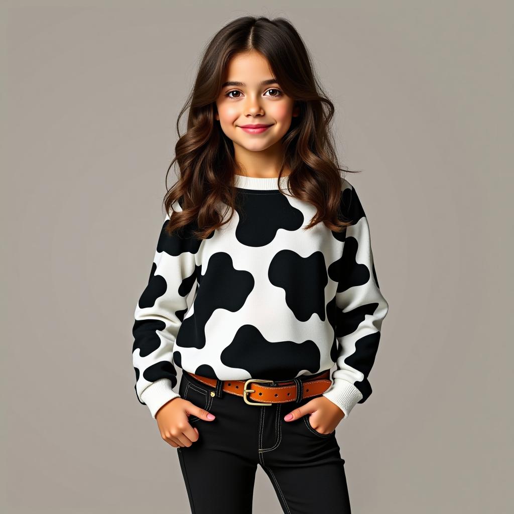  a brunette girl is standing in trendy fashionable clothes with a cow print.