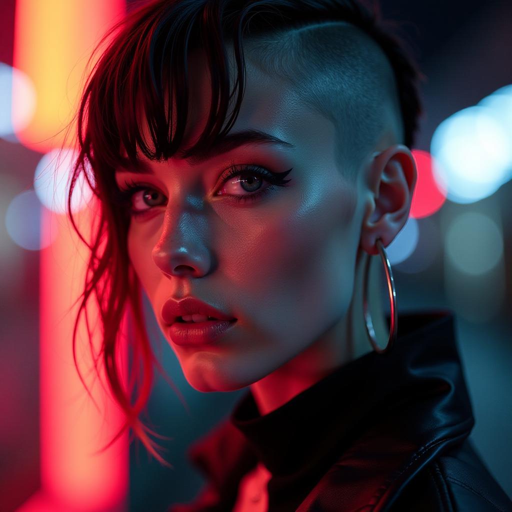  ultra realistic close up portrait ((beautiful pale cyberpunk female with heavy black eyeliner)), blue eyes, shaved side haircut, hyper detail, cinematic lighting, magic neon, dark red city, canon eos r3, nikon, f/1.4, iso 200, 1/160s, 8k, raw, unedited, symmetrical balance, in frame, 8k hyperrealistic, full body, detailed clothing, highly detailed, cinematic lighting, stunningly beautiful, intricate, sharp focus, f/1. 8, 85mm, (centered image composition), (professionally color graded), ((bright soft diffused light)), volumetric fog, trending on instagram, trending on tumblr, HDR 4K, 8K