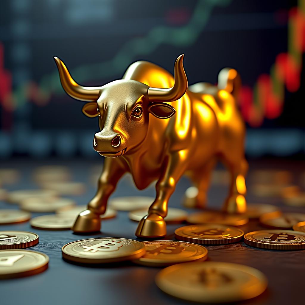  bull market in cryptocurrency: a golden bull statue stands amid scattered bitcoin and ethereum coins