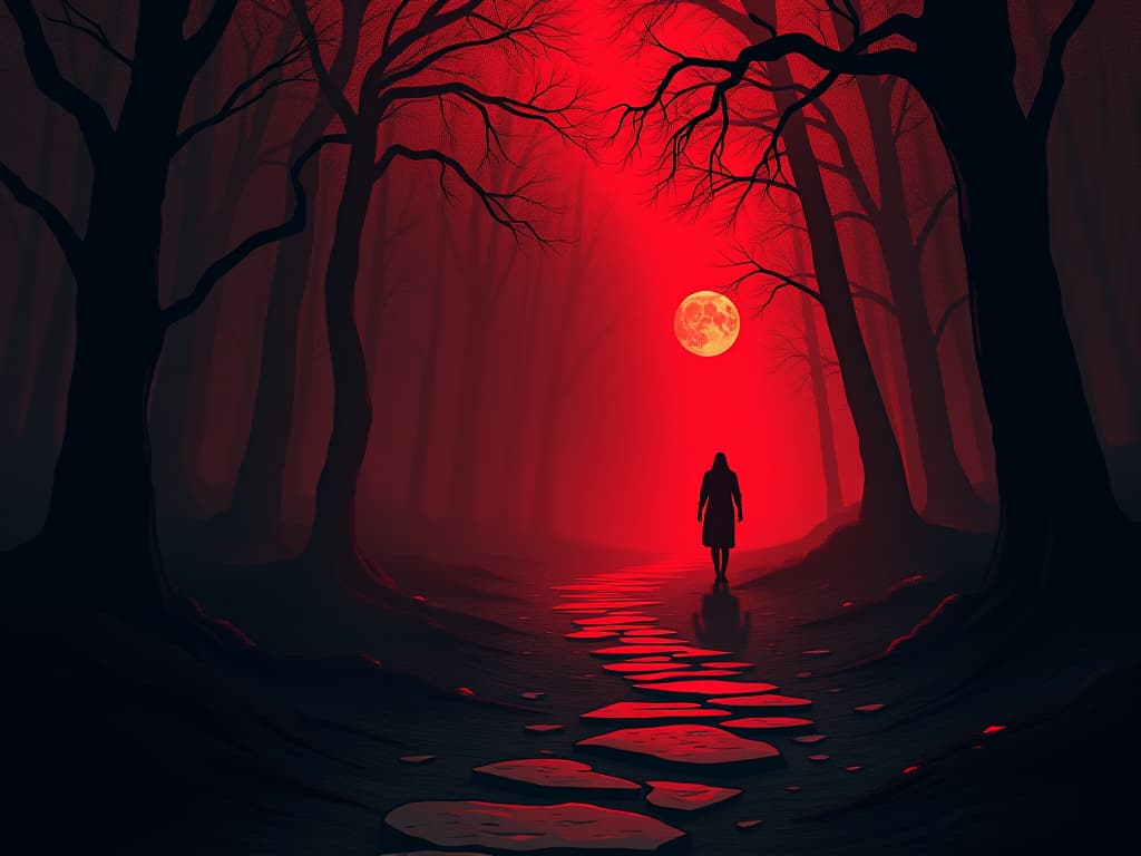  paths diverging in a misty red forest, one path shadowed and ominous, essence of difficult choices. the style is digital art illustration / modern comic book / graphic dark novel fantasy and mysterious occult, symbolic, moody lighting, esoteric vibe,high detail on character design. for the color scheme emphasize blacks and reds.