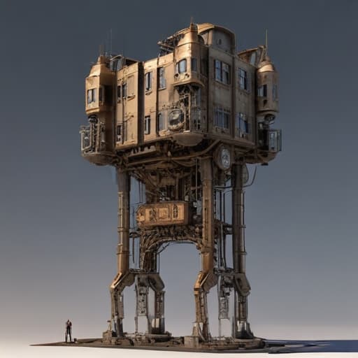 Generate steampunk walking hotel building many stories tall rectangle with large mechanical legs that lift it high off the ground