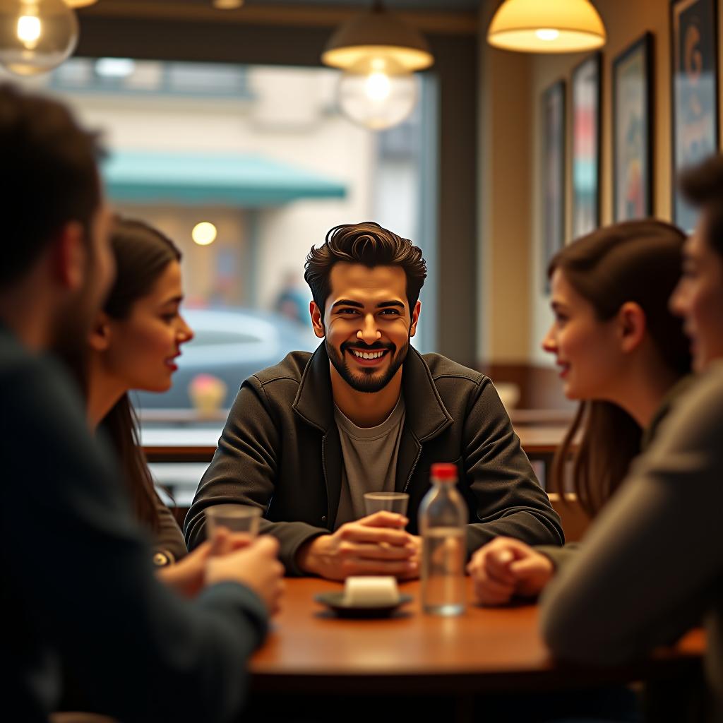  photographic, 8k, masterpiece, high quality, detailed, clear facial features, clear visible teeth, detailed eyes, max's friends sit around a table at a local café, laughing and teasing him as he forces a smile. hyperrealistic, full body, detailed clothing, highly detailed, cinematic lighting, stunningly beautiful, intricate, sharp focus, f/1. 8, 85mm, (centered image composition), (professionally color graded), ((bright soft diffused light)), volumetric fog, trending on instagram, trending on tumblr, HDR 4K, 8K