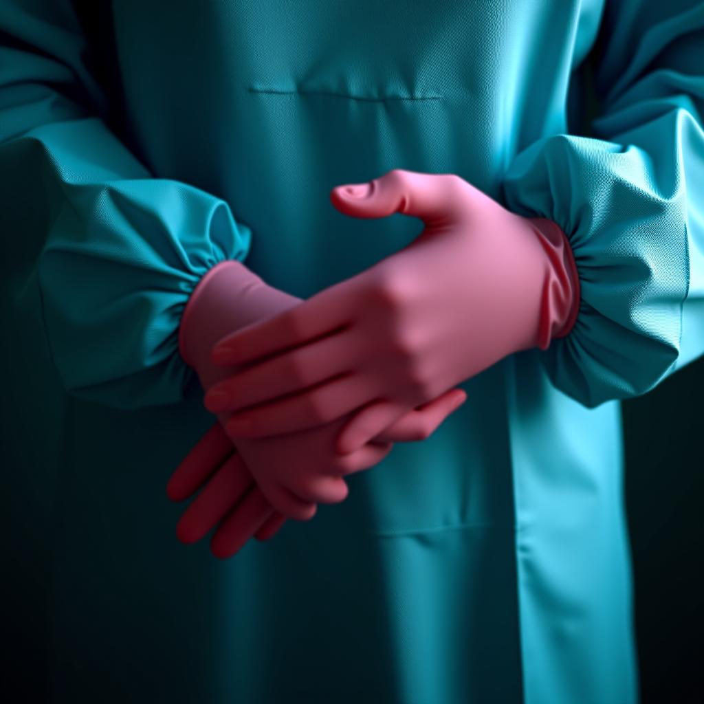  long surgical gloves three color, cover the cuffs of the surgical gown, part of the surgical glove (from the palm to the wrist), (glossy dark green latex: 1.3), part of the surgical glove (from the wrist to the forearm), (glossy dark blue latex: 1.3), part of the surgical glove, the phalanges of the fingers,, (glossy red latex: 1.3) hyperrealistic, full body, detailed clothing, highly detailed, cinematic lighting, stunningly beautiful, intricate, sharp focus, f/1. 8, 85mm, (centered image composition), (professionally color graded), ((bright soft diffused light)), volumetric fog, trending on instagram, trending on tumblr, HDR 4K, 8K