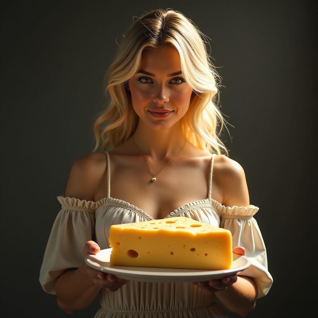  a beautiful blonde woman is holding a large cheese. hyperrealistic, full body, detailed clothing, highly detailed, cinematic lighting, stunningly beautiful, intricate, sharp focus, f/1. 8, 85mm, (centered image composition), (professionally color graded), ((bright soft diffused light)), volumetric fog, trending on instagram, trending on tumblr, HDR 4K, 8K