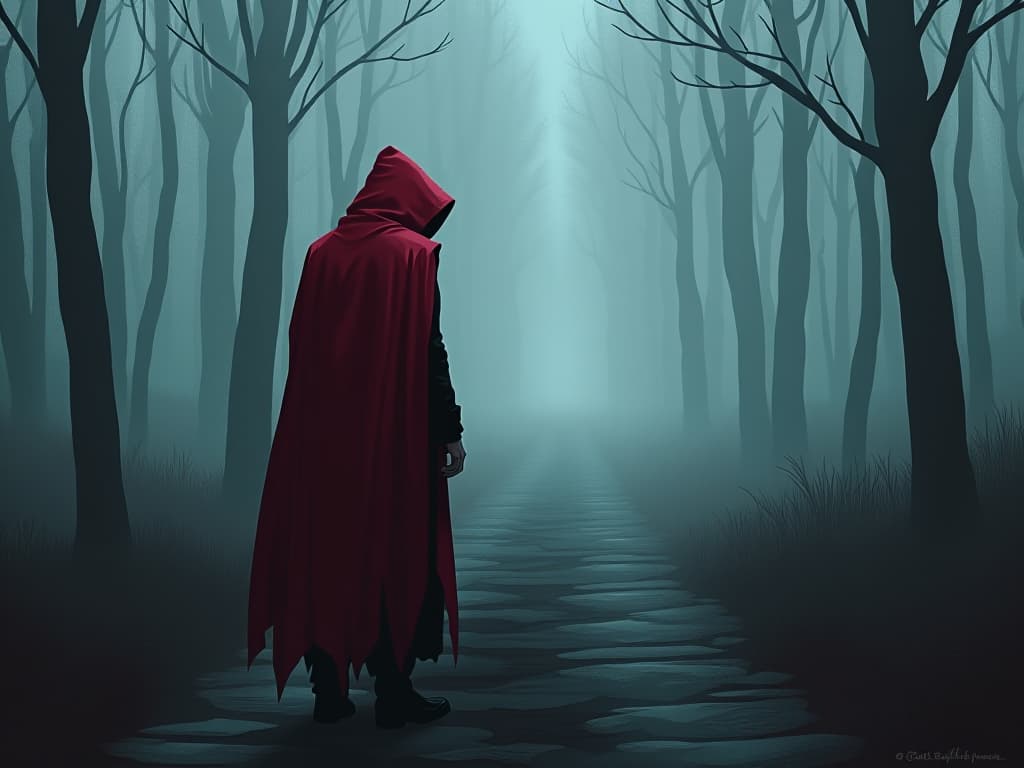  individual in red cloak, standing at a foggy crossroads, multiple paths fading into the distance, atmosphere of indecision and halted progress. the style is digital art illustration / modern comic book / graphic dark novel fantasy and mysterious occult, symbolic, moody lighting, esoteric vibe,high detail on character design. for the color scheme emphasize blacks and reds.