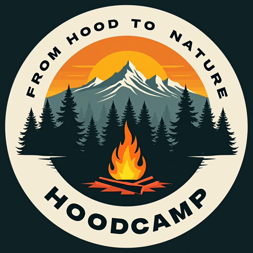  design a logo, ein rundes logo mit weißem rand. auf dem logo ist ein zelt. vor dem zelt ist ein lagerfeuer. im hintergrund ist ein wald der vor der skyline einer großstadt ist. unten am rand vom logo steht „hoodcamp“ oben am rand vom logo steht „from hood to nature