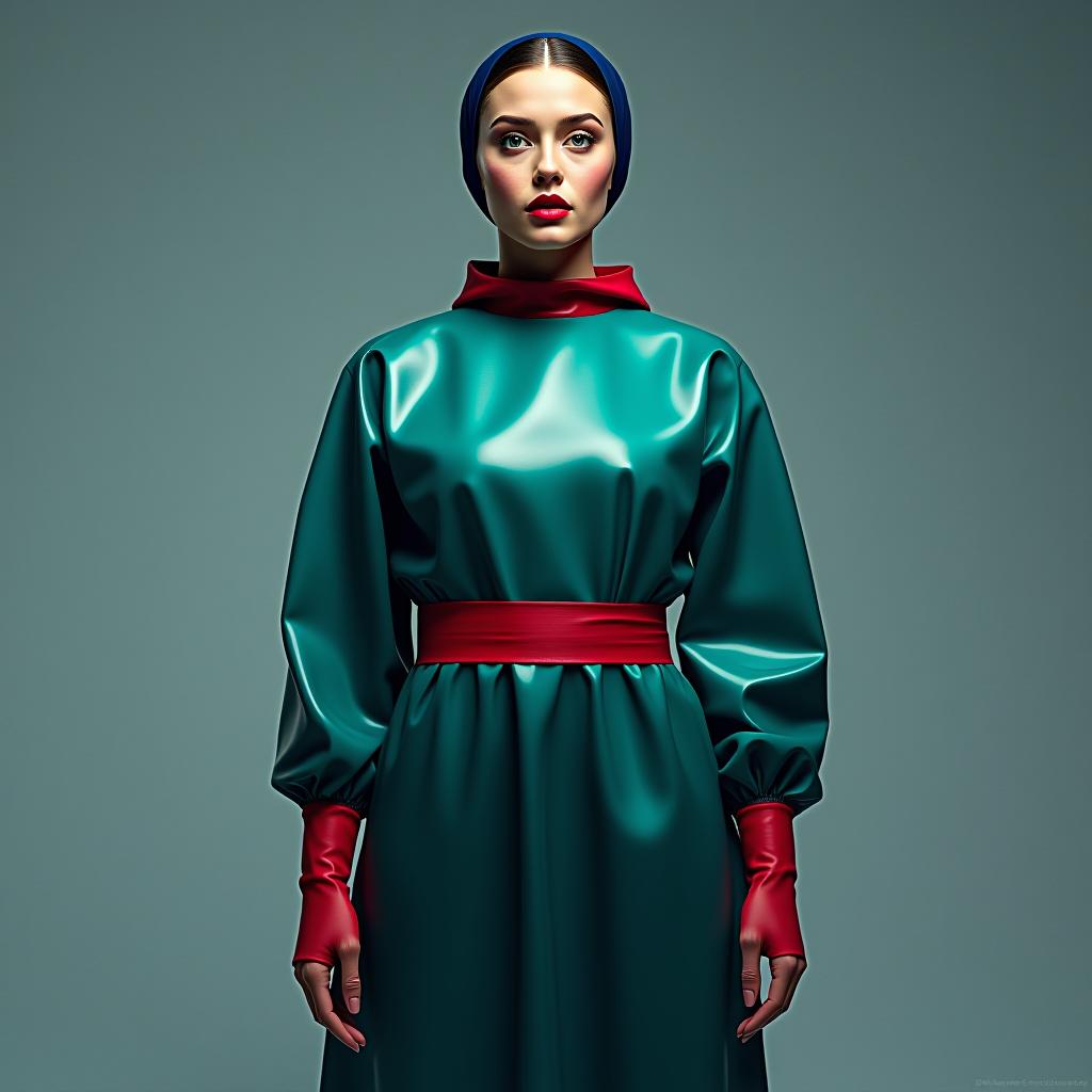  hyperdetalisation, woman, mistress surgeon in a three color surgical gown, made of glossy latex, standing alone, full length, front view, full face, dressed in, surgical gown, knee length, with an elastic waistband, long sleeves, with elastic cuffs, the upper part of the surgical gown, (from the collar to the waist), glossy latex dark green, belt at the waist, glossy latex red, the lower part of the surgical gown, (from the hem to the waist), glossy latex dark blue, the upper part of the sleeve, (from the shoulder to the elbow), glossy latex dark blue, the lower part of the sleeve, (from the elbow to the cuff), glossy latex dark green, cuffs on the sleeve, glossy latex red, (bib hood with a collar), made of glossy dark blue latex, completel hyperrealistic, full body, detailed clothing, highly detailed, cinematic lighting, stunningly beautiful, intricate, sharp focus, f/1. 8, 85mm, (centered image composition), (professionally color graded), ((bright soft diffused light)), volumetric fog, trending on instagram, trending on tumblr, HDR 4K, 8K