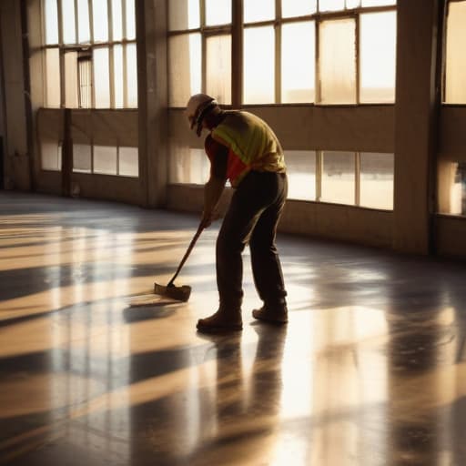 A photo of a construction worker polishing a glossy concrete floor in a brightly lit warehouse during early evening with warm, golden sunlight streaming through the windows, casting long shadows and emphasizing the texture and shine of the surface.