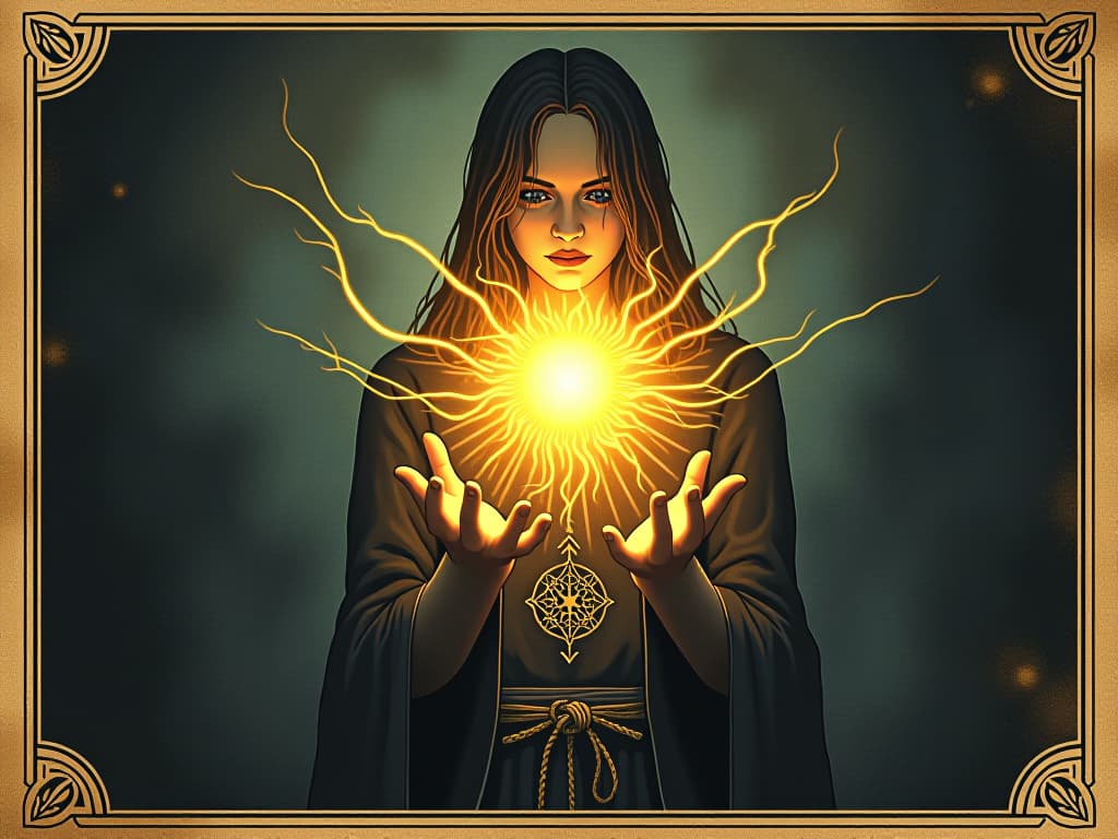  figure tapping into a glowing energy source, hands absorbing light, mystical flux, radiant, luminous. an illustration in the style of a worn, mystical old tarot trump card, mysterious and elements of surrealism. the colors are muted, somber and eerie, but with contrast bring out an occult and esoteric vibe.