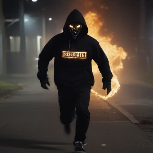 Lonely athletic man wearing a black hoodie and black pants. He is running in the dark but is super fast. He is being chased and is wearing a purge mask with “X” drawn glowing over his eyes on the mask. Flames come from his shoes from the speed and friction which leaves a path of smoke. The bottom right corner of the picture has a rap album warning which notifies the listener of the album that there is explicit language. He seeks loneliness. in Cinematic style