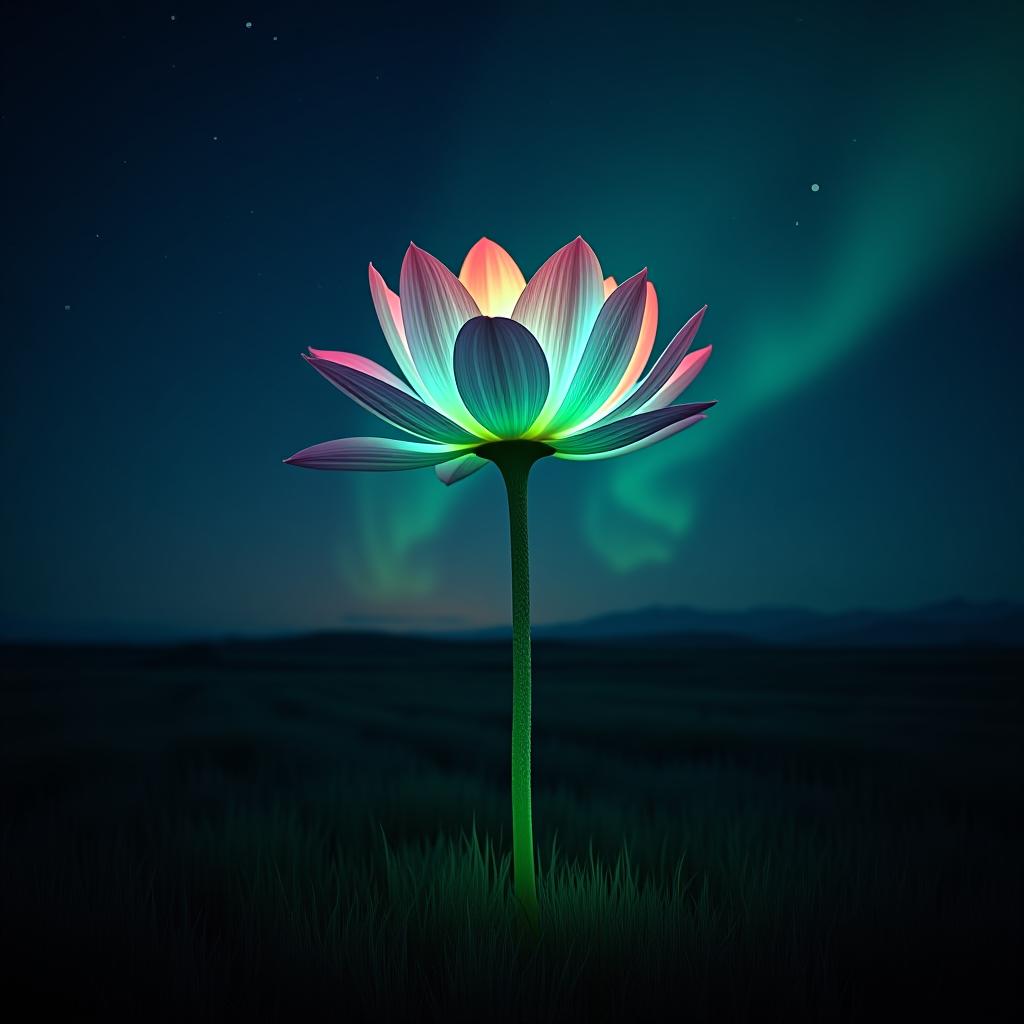  a flower stands alone in a dark field. each petal of the flower has the colours and the shimmering illusion of an aurora borealis on each individual petal. the stem is made of a thick green fibrous material and is glowing beneath a dark starry midnight sky.