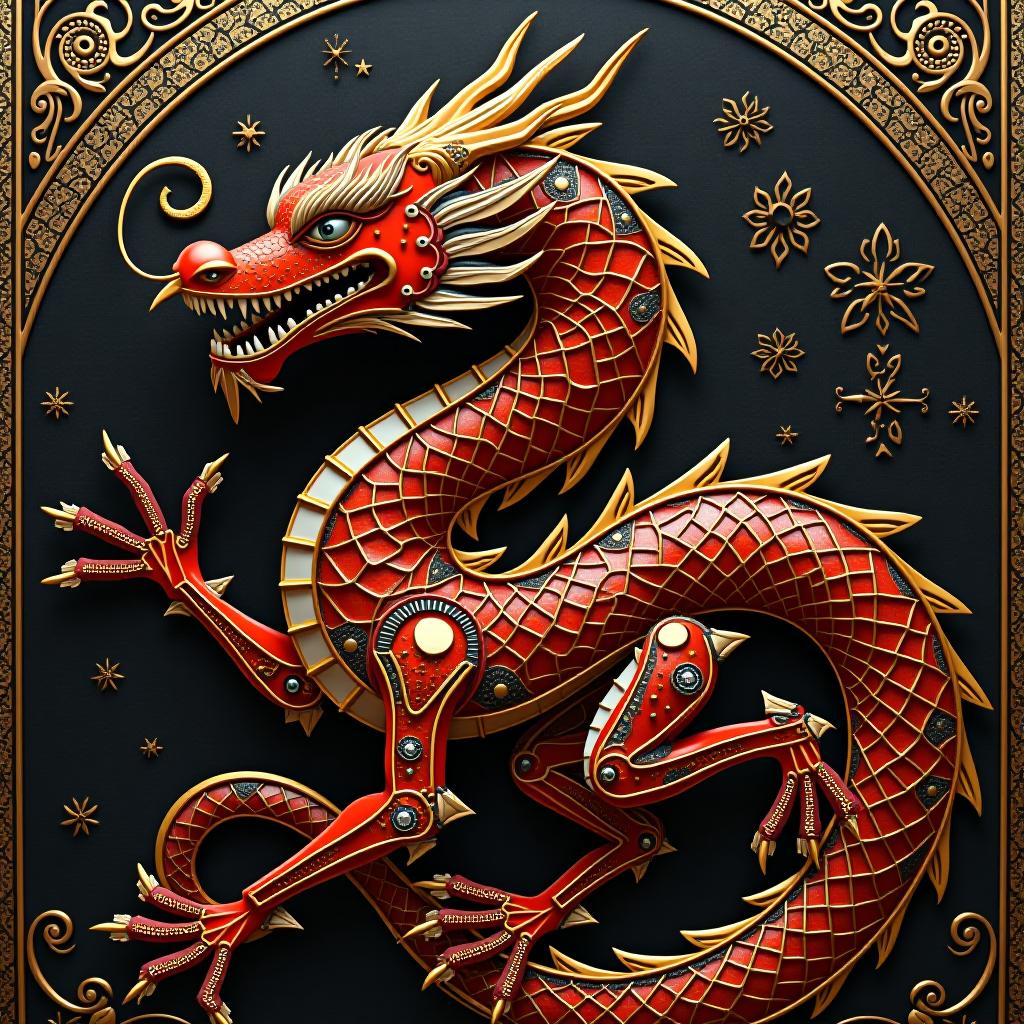  red, black, gold, filigree, cybernetic, dragon automaton, mosaic art