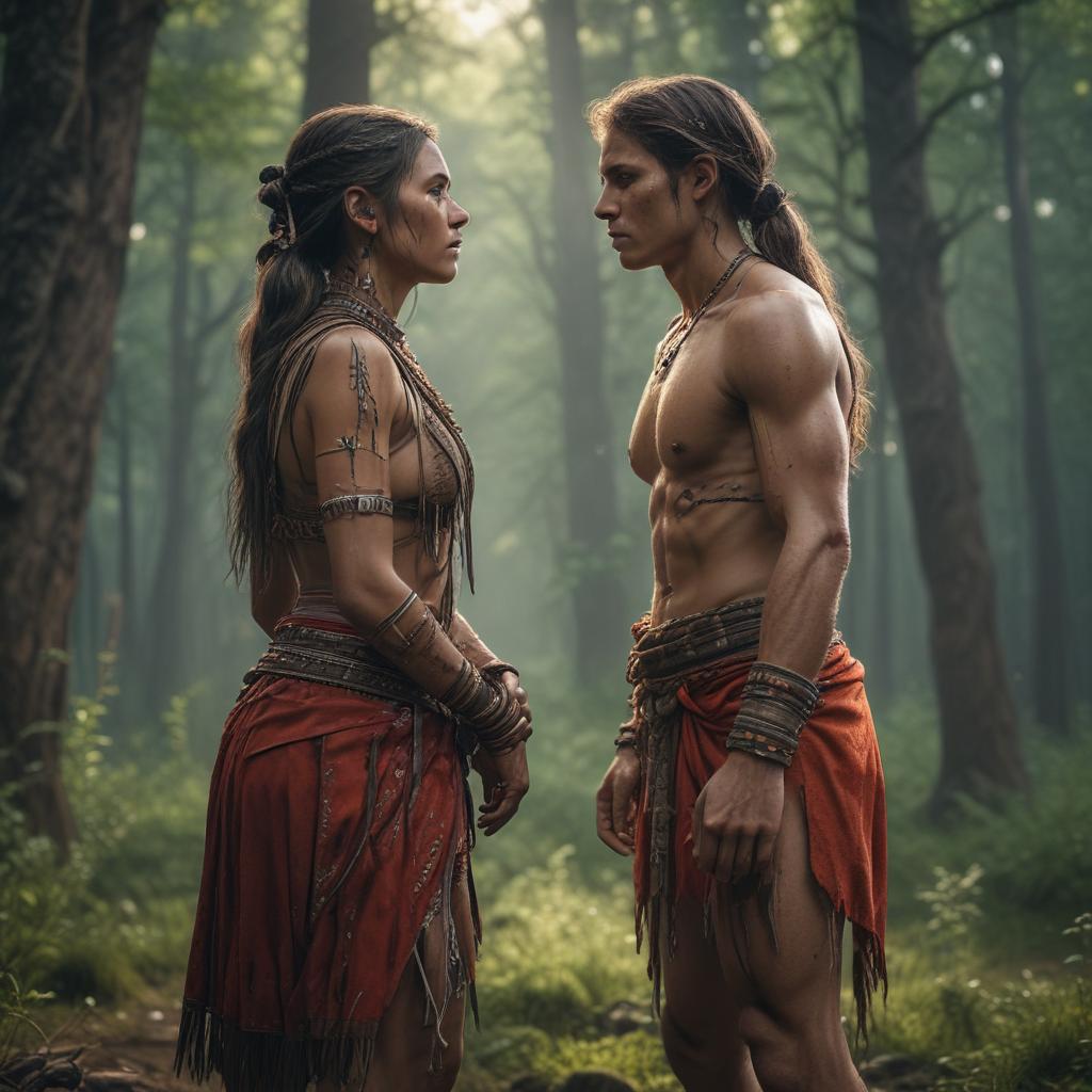 ((masterpiece)),(((best quality))), 8k, high detailed, ultra detailed, A tribal woman being abused and raped by a man, tribal clothing, struggle, violence, (forest setting) hyperrealistic, full body, detailed clothing, highly detailed, cinematic lighting, stunningly beautiful, intricate, sharp focus, f/1. 8, 85mm, (centered image composition), (professionally color graded), ((bright soft diffused light)), volumetric fog, trending on instagram, trending on tumblr, HDR 4K, 8K