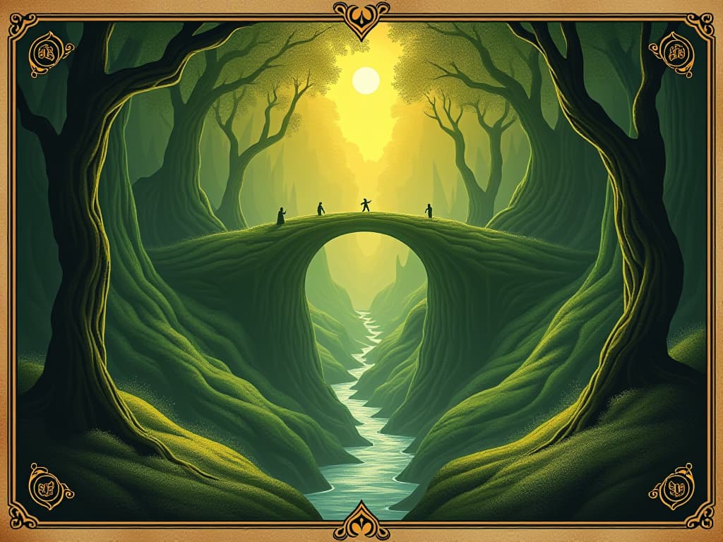  lush green valley with a shimmering bridge, connecting two sides, golden light filtering through, atmosphere of peace, mutual respect and growth. an illustration in the style of a worn, mystical old tarot trump card, mysterious and elements of surrealism. the colors are muted, somber and eerie, but with contrast bring out an occult and esoteric vibe.