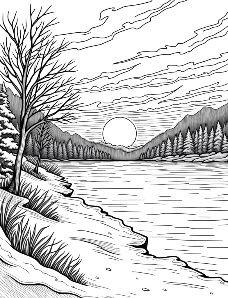  this is for an adult coloring page. a detailed black and white line art of a snowy winter sunset over a frozen lake on a solid white background.