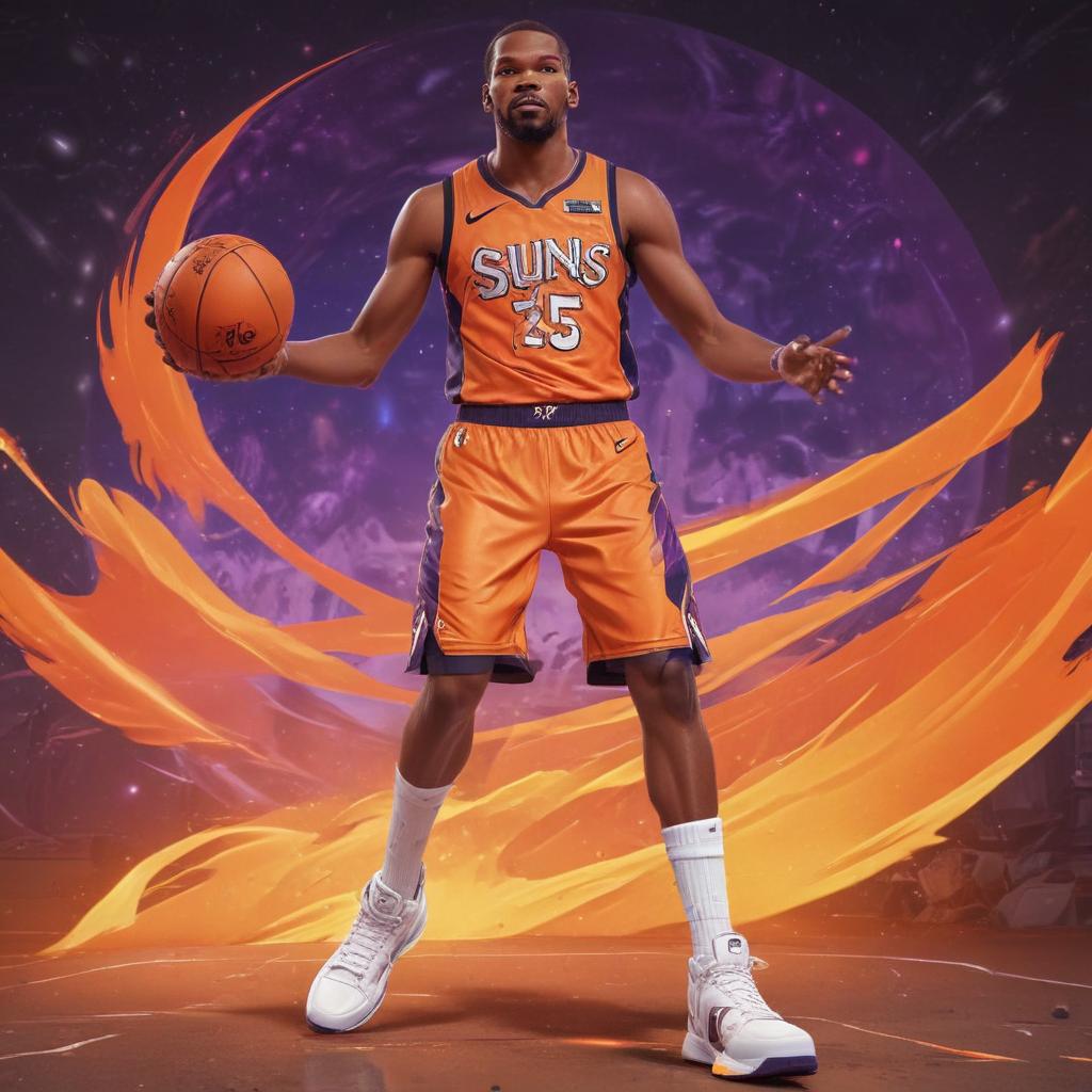 distance-shot, flashy, full-body, dynamic, holographic, animated cartoon poster of phoenix suns player kevin durant in the style of dragon ball super
