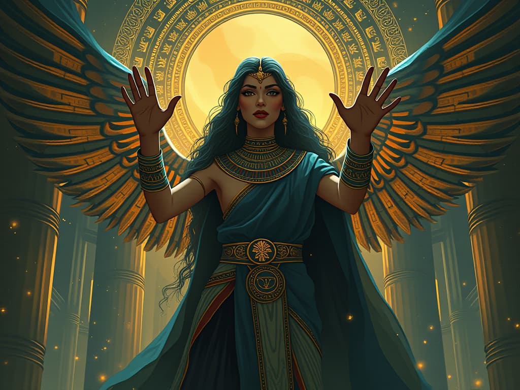  maya weaving intricate illusions, threads of light and shadow, symbolizing human experience, mystical ambiance. the style is digital art illustration / modern comic book / mysterious occult, symbolic, esoteric vibe,high detail on character design, incorporating ancient egyptian symbology and attire.