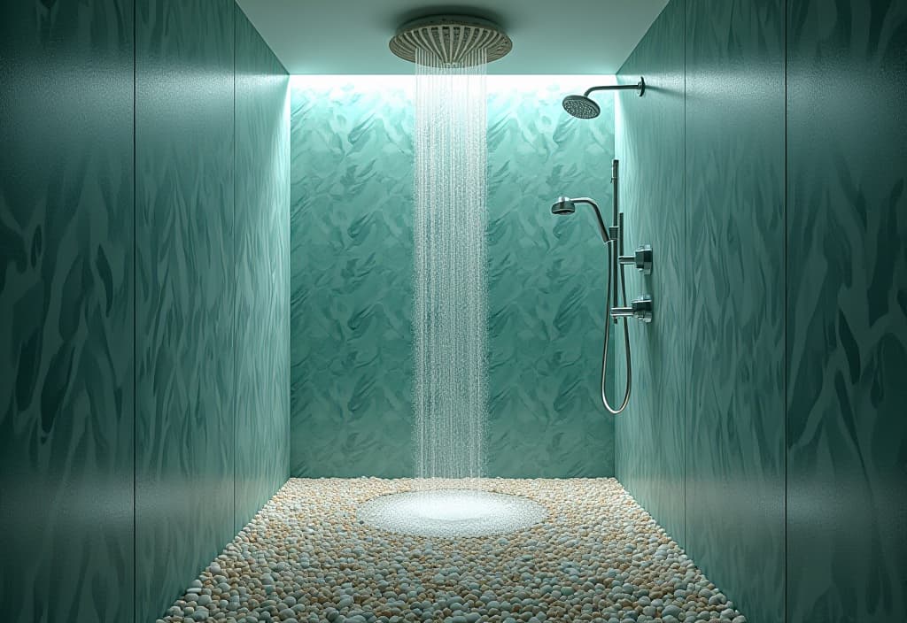  a landscape photo of a shower enclosure with a pebble floor, sea glass mosaic accent wall, and a rainfall showerhead resembling a large seashell hyperrealistic, full body, detailed clothing, highly detailed, cinematic lighting, stunningly beautiful, intricate, sharp focus, f/1. 8, 85mm, (centered image composition), (professionally color graded), ((bright soft diffused light)), volumetric fog, trending on instagram, trending on tumblr, HDR 4K, 8K