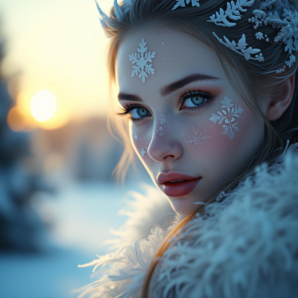  background: a soft focus, dreamlike winter wonderland. blurred snowflakes dance in the air, catching the light and creating a bokeh effect. distant pine trees, their silhouettes barely visible, are dusted with snow. a hazy, pale blue sky fades into a warm golden glow near the horizon, suggesting the approach of dawn. this ethereal, out of focus backdrop provides a stark contrast to the sharp detail of the foreground subject. foreground: a striking close up of a female frost fae's face, filling most of the frame. her skin is a pale, shimmering blue with intricate frost patterns etched across her cheekbones and forehead. iridescent, crystal like eyes with snowflake pupils gaze intensely at the viewer. her hair, composed of delicate ice crysta hyperrealistic, full body, detailed clothing, highly detailed, cinematic lighting, stunningly beautiful, intricate, sharp focus, f/1. 8, 85mm, (centered image composition), (professionally color graded), ((bright soft diffused light)), volumetric fog, trending on instagram, trending on tumblr, HDR 4K, 8K