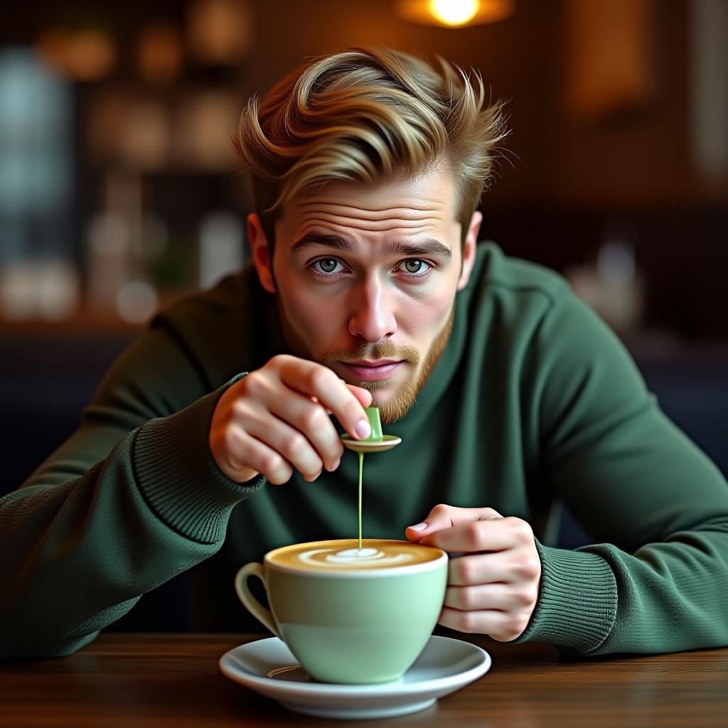  uk man drinking matcha at a cafe, male, british, blonde, adult, masterpiece, best quality