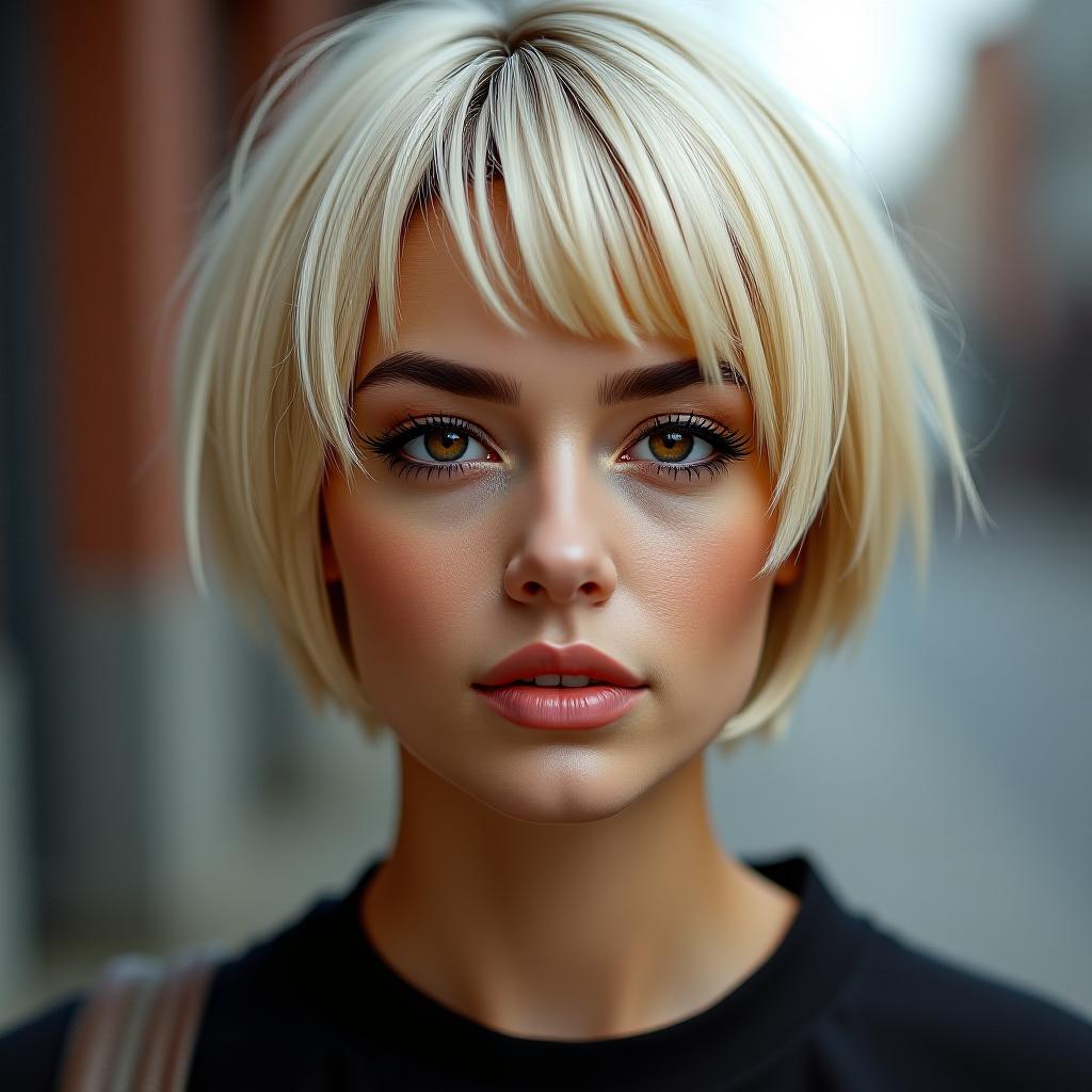  make an image of a woman short haired blonde bob dressed in streetwear with dark brown eyes