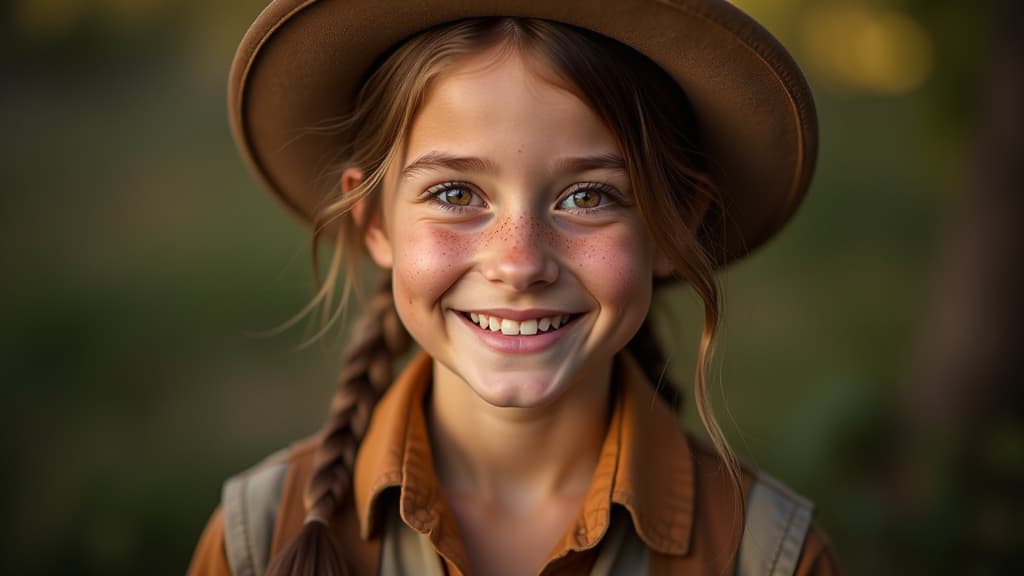  studio portrait, smiling girl with freckles and rustic clothing, dramatic lighting emphasizing her features, warm and inviting mood, classic composition with a soft backdrop of blurred nature, capturing a moment of genuine happiness ar 4:5 v 6.1 style raw ar 16:9, (natural skin texture), highly detailed face, depth of field, hyperrealism, soft light, muted colors