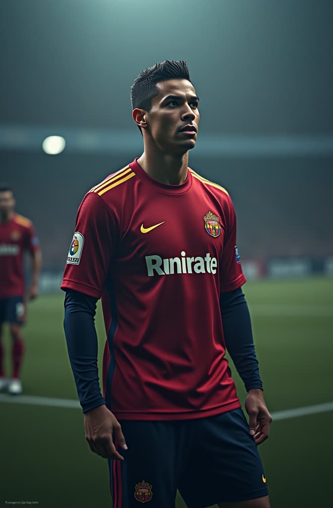  ronaldo hyperrealistic, full body, detailed clothing, highly detailed, cinematic lighting, stunningly beautiful, intricate, sharp focus, f/1. 8, 85mm, (centered image composition), (professionally color graded), ((bright soft diffused light)), volumetric fog, trending on instagram, trending on tumblr, HDR 4K, 8K