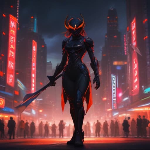 In a futuristic cityscape at dusk, a towering figure clad in sleek, black armor stands amidst the neon lights and bustling crowds. The figure, known as the Lawless Brawler Duel, exudes an aura of power and mystery. With glowing red eyes and intricate golden detailing on the armor, the brawler carries a massive sword crackling with divine energy. Sparks of lightning dance around the figure, hinting at its formidable strength. The scene is set in a dynamic and action-packed style, reminiscent of the digital art of Akina Fujiwara. fantastical creatures or characters inspired by mythology, folklore, or popular culture. use vibrant colors, sharp lines, intricate details, dynamic poses, dramatic lighting, atmospheric backgrounds, and blend anime,